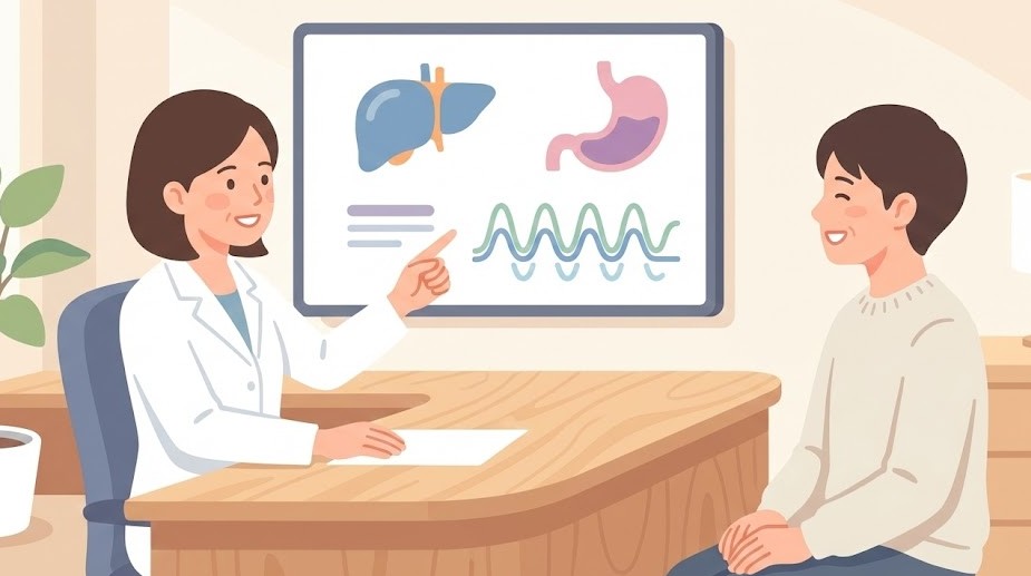 消化器内科専門医がモニターに表示された肝臓のエコー画像・胃カメラ画像・睡眠時無呼吸の検査グラフをまとめて指し示しながら、脂肪肝や逆流性食道炎とSASの関係を患者に分かりやすく説明している金沢消化器内科・内視鏡クリニックの診察イメージ