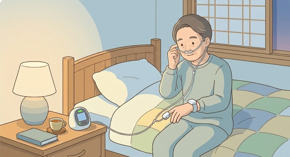 自宅の寝室で、指と手首に睡眠時無呼吸症候群の簡易検査機器を装着し、いつもの枕で検査準備をしている中年の日本人の様子を描いたイラスト(入院不要で自宅検査ができるイメージ)