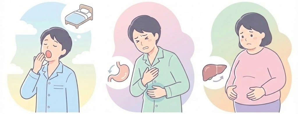 「睡眠・疲労」「胸やけ・胃」「肝臓・体型」の3つの危険信号を、眠そうな人・胸を押さえる人・お腹まわりが気になる人とベッド・胃・肝臓のアイコンで表現した睡眠時無呼吸症候群(SAS)の注意喚起イラスト