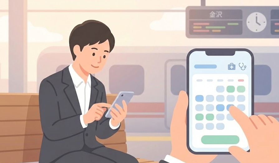 Japanese businessperson in a suit sitting at a train station bench, looking at a smartphone and tapping on a simple calendar-style booking screen, suggesting online medical appointment reservation, background hinting at a Japanese train platform, flat illustration, pastel colors, clean layout, no text in image, Clean, Warm, Trustworthy, Japanese Medical UI, Soft lighting, inspired by LITALICO style