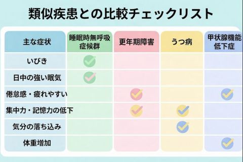 睡眠時無呼吸症候群と類似疾患の症状比較表