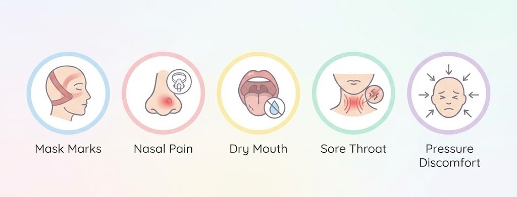 CPAPでよくある5つの悩み（マスク跡・鼻の痛み・口の乾燥・喉の痛み・圧迫感）を示すアイコン図解