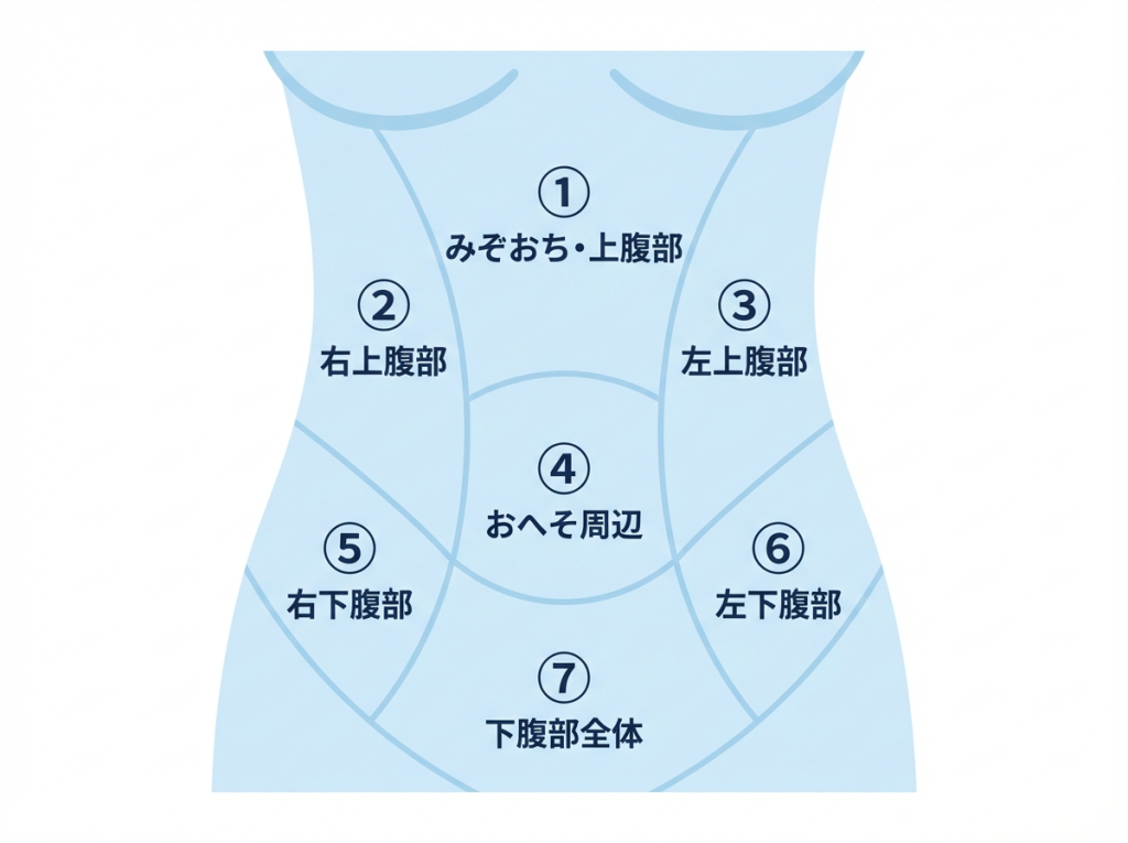 腹痛の部位別原因マップ：みぞおち・右上腹部・左上腹部・おへそ周辺・右下腹部・左下腹部・下腹部全体
